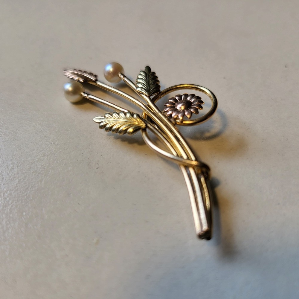 Van Dell Floral Spray Brooch 12K Gold Filled Pearl Tri-Color Vintage Pin